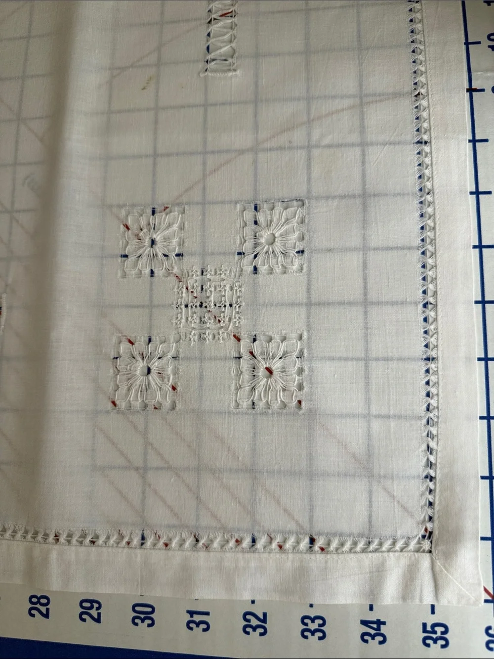 Vintage White Linen Madeira Style Table Topper 34 x 32 Drawn Thread Cutwork